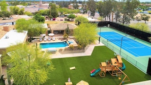 [Resort Property] Backyard heated pool and spa, tennis/pickleball, basketball court, playground, and more