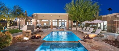 [Resort Property] Backyard heated pool and spa with gas fire pit, playgrounds, tennis, pickleball and basketball court
