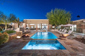 [Resort Property] Backyard heated pool and spa with gas fire pit, playgrounds, tennis, pickleball and basketball court