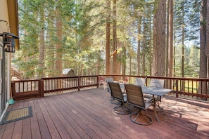 Furnished Deck | Outdoor Dining | Wooded Lot