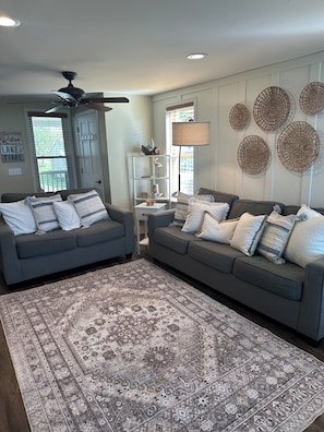 Living room with view of water
