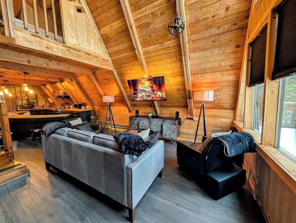 Living room with smart TV, console games, dvds