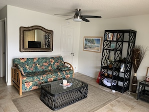 Living room w/ Queen Sofa Bed and Reclining Chair