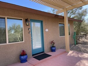 Front door with lockbox for a self check in. 