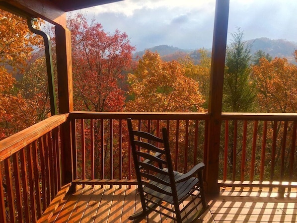 Fall view from all 3 decks and surrounding the cabin