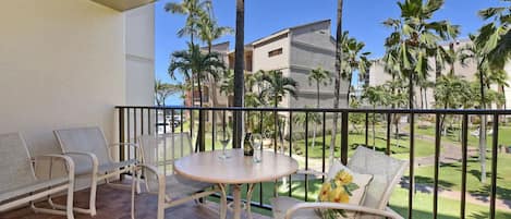 Spacious lanai to enjoy meals and tropical garden views