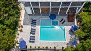 Aerial view of the expansive backyard.