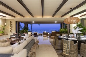 Tropical-inspired decor and beachy vibes throughout
