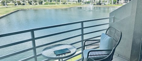 Patio overlooking golf course & lake 