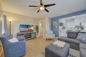 View from the front door of living room and kitchen. 