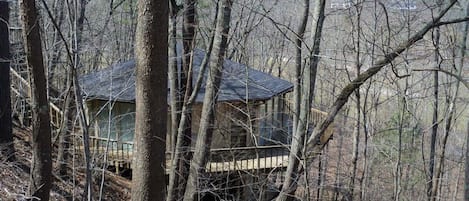 A unique octagon cabin, tucked into the side of the mountain.