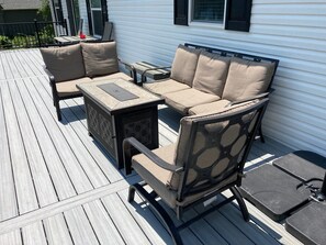 Deck seating with propane fire place