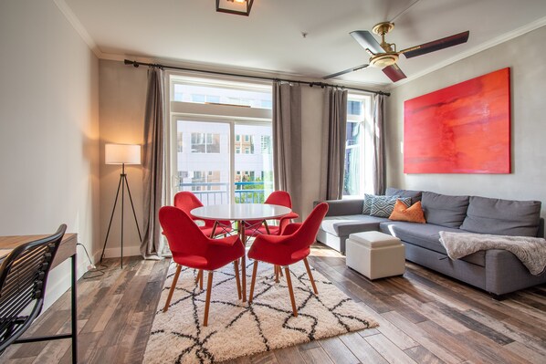 Spacious living room with comfortable sofa bed