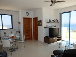 Living area. The sea can be seen left and right!