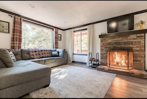 Living room area with fireplace and TV