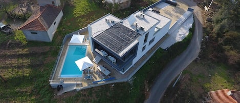 External view of the building. Outside view with a drone