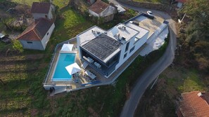 External view of the building. Outside view with a drone