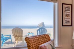 View of the rock and beach from indoors