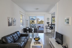 Living room area with comfortable leather sofa and widescreen TV