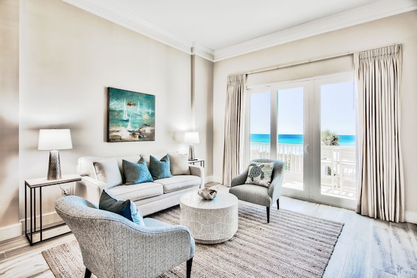 The living room with stunning gulf views