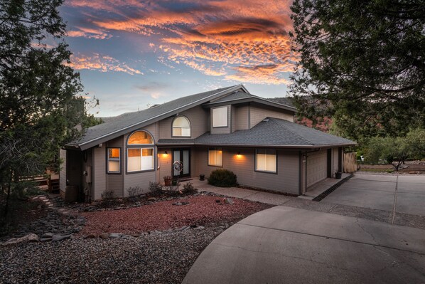 Those beautiful Sedona nights.  Main entrance with access to a 2 car garage