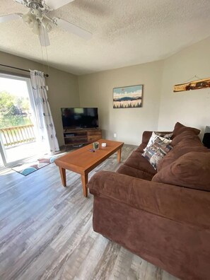 Living room with foldout couch and smart TV