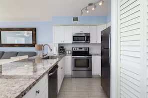 Dishwasher, stove/oven, microwave, refrigerator, coffee pot, toaster, blender