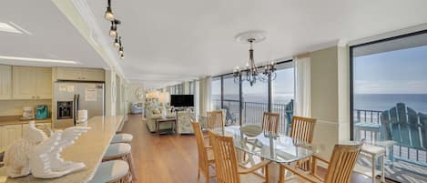 Open concept living/dining/kitchen area with expansive views of the Gulf of Mexico.