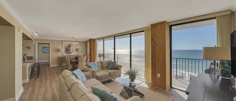 Open concept living/dining/kitchen area overlooking the Gulf of Mexico.