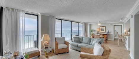 Open concept living/dining/kitchen area overlooking the Gulf of Mexico.