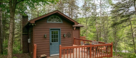 Rustic cabin features open layout with functional kitchen and living area. Fireplace for those cooler nights, air conditioner for the warm days. Separate bedroom has balcony overlooking the wo