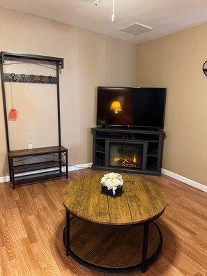 Living area - electric fireplace under big screen TV