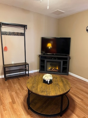 Living area - electric fireplace under big screen TV
