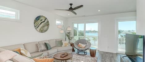 Living Room with River Views & Porch