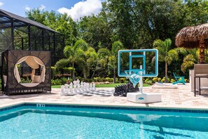 Kids and adults will love to shoot hoops in the pool