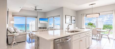 Living Room, Dining Room and Kitchen With A View