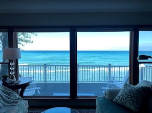 View of Lake Michigan from open family room/kitchen. 