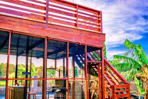 We have a covered deck with views of the ocean