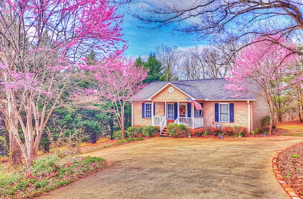 Cottage in early 
spring. Red bud trees blooming! 