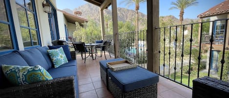 Main Balcony with mountain views, and semi-private view of satellite pool