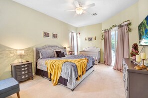 Large master suite with full size crib and single pull out couch.