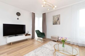 Living room with double sofa bed and an elegant coffee table.
