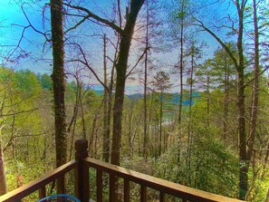 This is the view you will enjoy from the deck. Note the private lake to which you have access. Enjoy a glass of wine at
the deck patio table and take in the sights and sounds of nature—a rushing creek, chirping birds, and the whispering
wind.