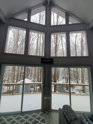 Large chalet windows looking out to protected green space & pond