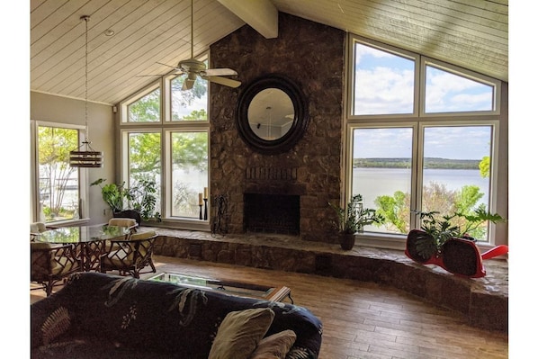 Lake views and wood-burning fireplace make for a cozy stay year-round