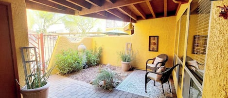 Discover tranquility in our serene courtyard patio—a perfect retreat for morning coffee or an evening beer after a day of hiking. This inviting space provides a peaceful ambiance for relaxation and enjoyment.