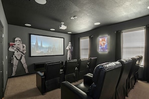 Storm trooper themed theater with tiered seating