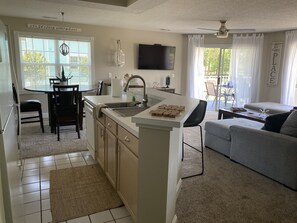 Open kitchen, dining and living area.