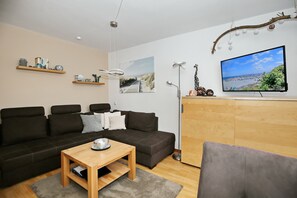 Wohnzimmer mit Schlafcouch und TV
