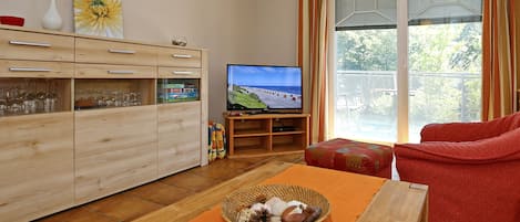 Wohnzimmer mit TV und Vitrinen Schrank